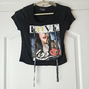 Graphic Tee Womens Medium Black Love Kiss Studded Ribbon T-Shirt Discreet Goth